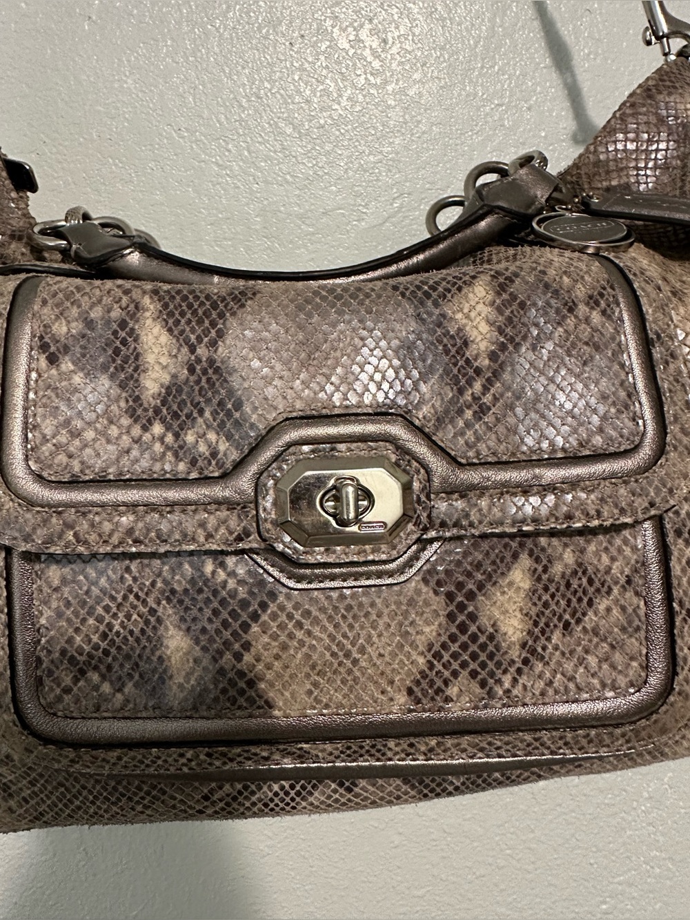 Coach Campbell Snakeskin Embossed Leather Larger Satchel with Top Handles - Picture 16 of 16